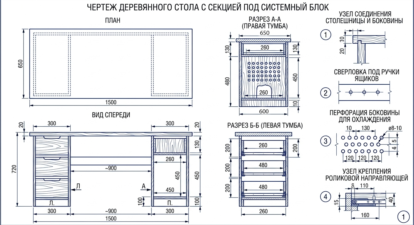 чертеж стола с тумбой под пк